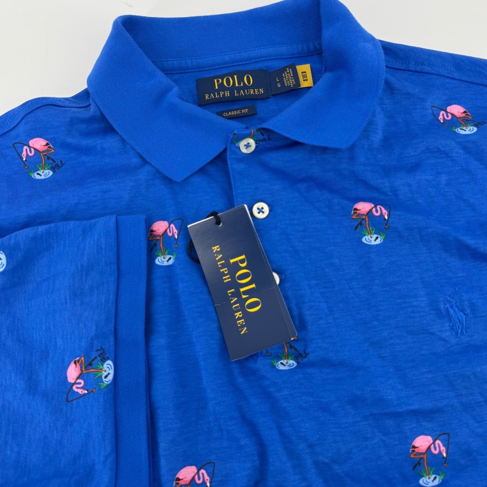 NEW Polo Ralph Lauren Men Blue Flamingo Embroidered Classic Fit Polo Shirt Large